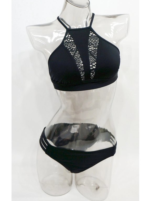 Black High Neck Halter Crochet 2-Piece Bikini Set Swimsuit XL