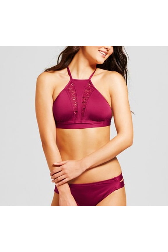 Deep Red Burgundy High Neck Halter Crochet 2-Piece Bikini Set Swimsuit XL