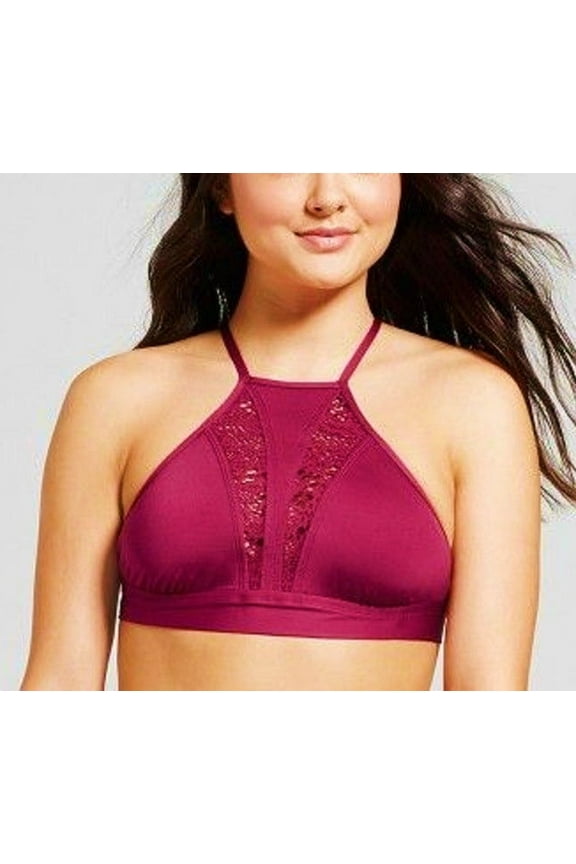 Deep Red Burgundy High Neck Halter Crochet Bikini Top Swimwear XL