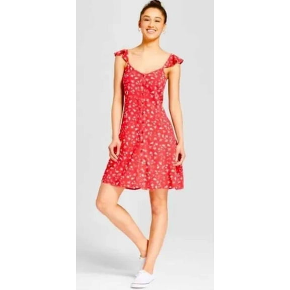 Mossimo Supply Co. Women's Floral Button Front Ruffle Sleeve Dress - Red Floral - (X-Large)