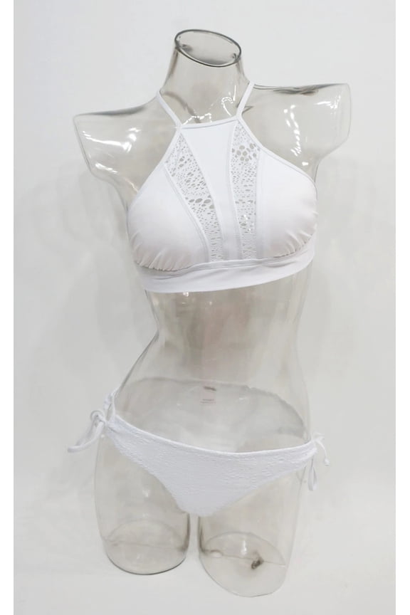 White High Neck Crochet Halter Bikini 2-Pc Set Swimwear Women's XL
