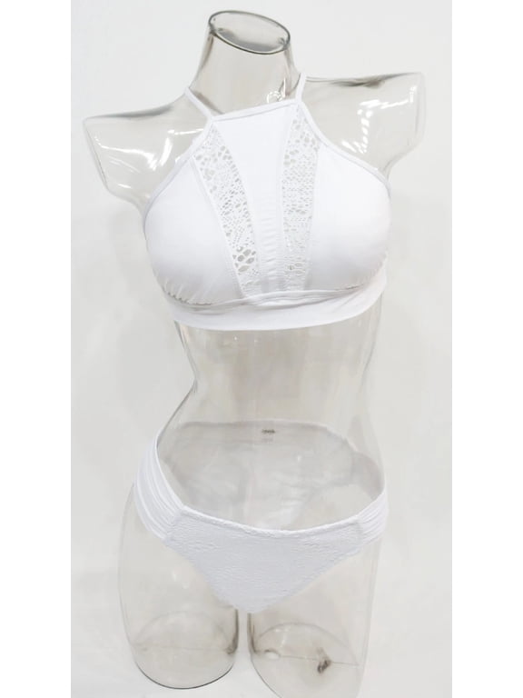 White High Neck Crochet Halter Bikini 2-Piece Set Swimwear XL