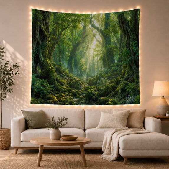 Mossy Forest Floor with Sunbeams and Misty Path, Mystical Fantasy for Nature Lovers, Ancient Woodland Wall Art, Housewarming Gift Tapestry Wall Hanging for Living Room and Bedroom
