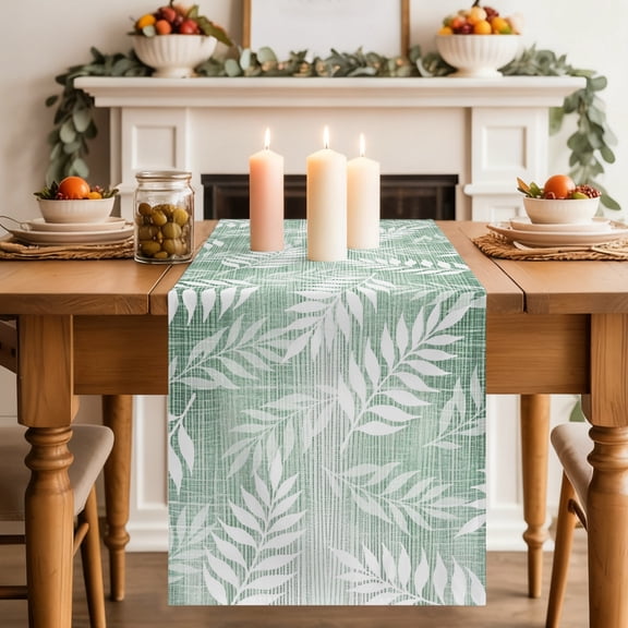 Mossy Fronds Dining Table Runner, Sage Green Leaf Plant Canvas Weave Texture Washable Table Runners Kitchen Coffee Table Center Decor for Home Party Holiday Wedding 13 x 36 Inches