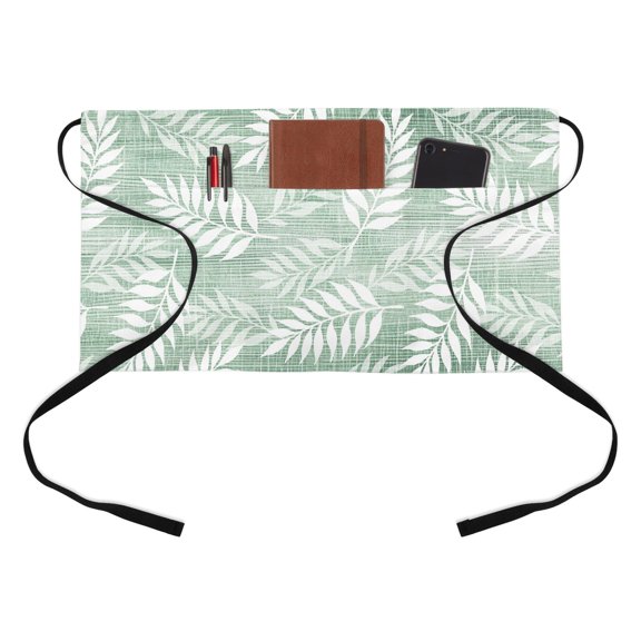 Mossy Fronds Kitchen Restaurant Half Waist Apron, Sage Green Leaf Plant Canvas Weave Texture Server Short Apron with 3 Pockets Waterproof Oil Waist Aprons for Women Waitress Waiter