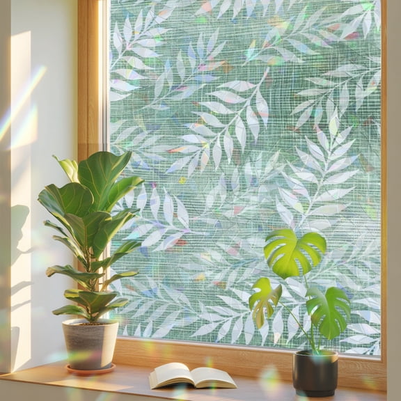Mossy Fronds Window Privacy Film, Sage Green Leaf Plant Canvas Weave Texture Stained Glass Rainbow Film Decorative Window Clings, Static Cling Sun Blocking Stickers 17.7" x 39.3"