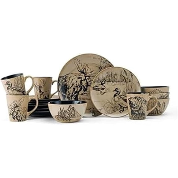 Mossy Oak 16-Piece Stoneware Dinnerware Set, Service for 4 with Dinner Plates, Salad Plates, Bowls and Mugs, Lodge-Style Wildlife Animal Sketch Design, Dishwasher and Microwave Safe