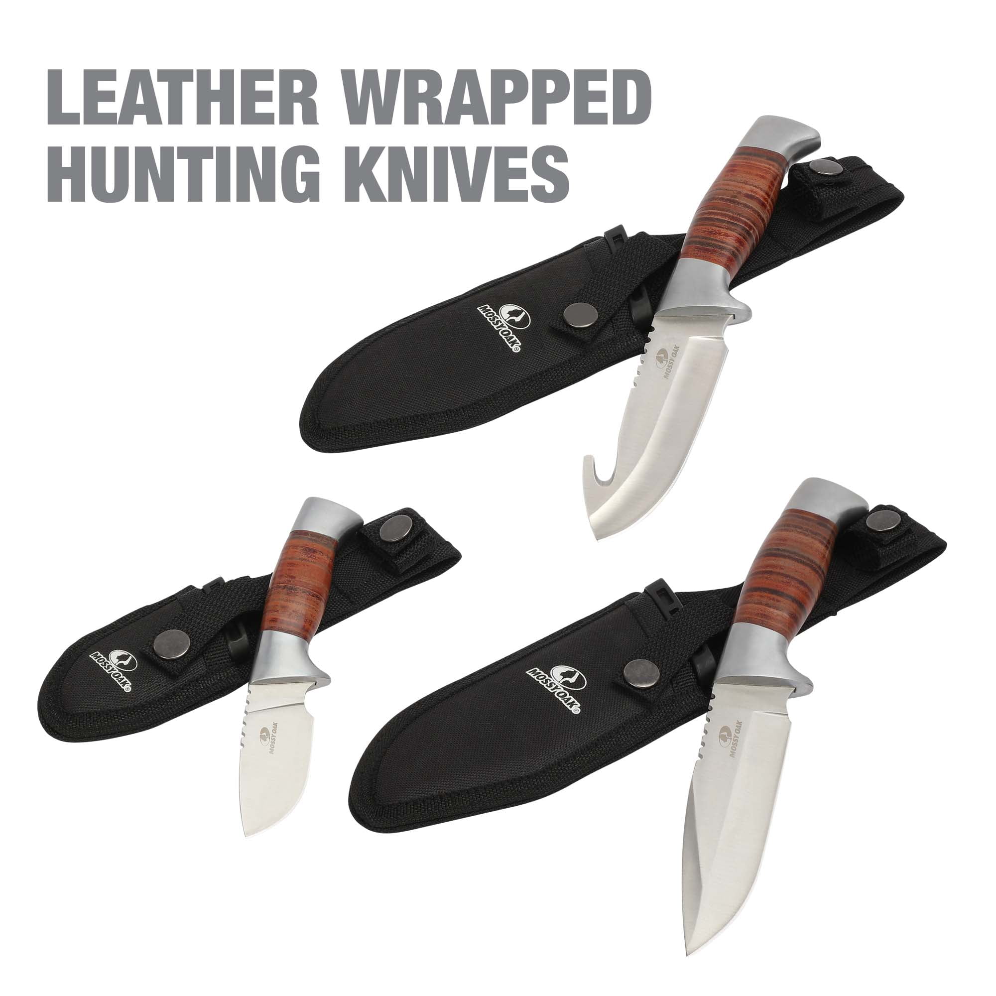 Mossy Oak 3 Piece Wood Finish Stainless Steel Knife Set with Leather  Sheath, Brown 