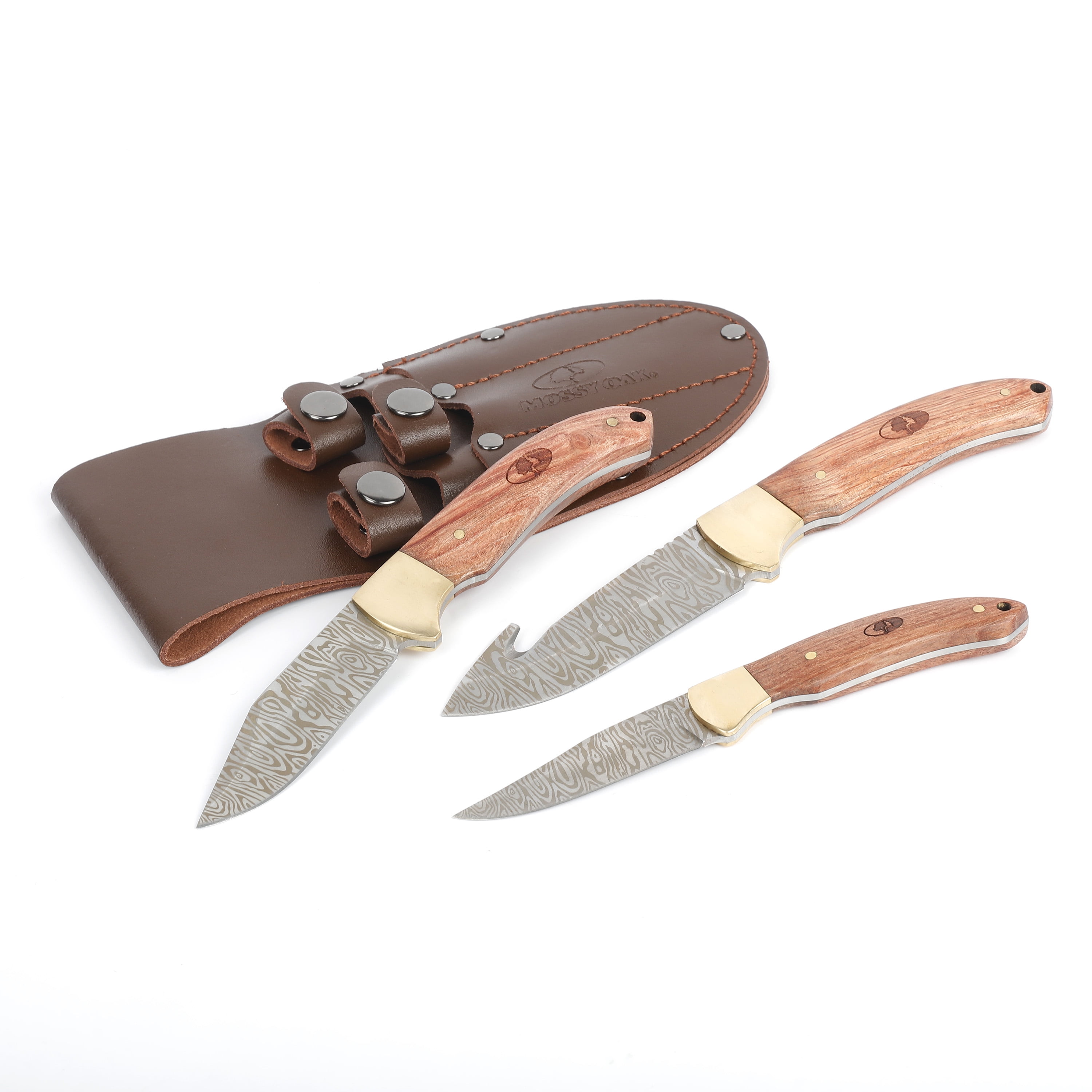 Mossy Oak 3 Piece Wood Finish Stainless Steel Knife Set with Leather