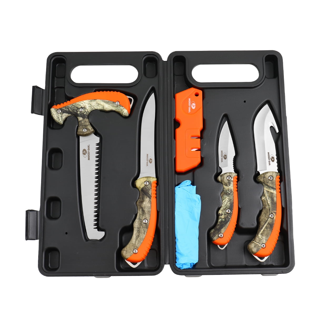 Mossy Oak 8 Piece Hunting Cleaning Kit, Storage Case,Sharpener, 9 inch Gut Hook Knife, Boning, Skinning, Saw,Cleaning Gloves