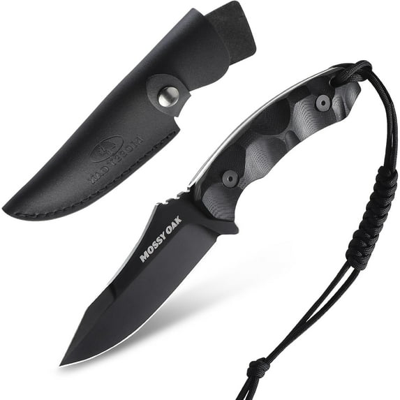 Mossy Oak 9" Fixed Blade Hunting Knife with Sheath, 14C28N Full Tang, G10 Handle Outdoor Knife for Survival, Camping, Hiking(Black)