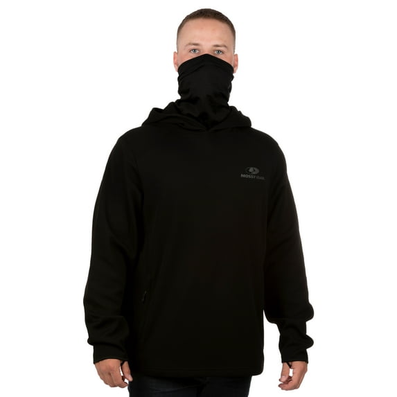 Mossy Oak Men's Arrowood Black Pullover Tech Hoodie with Neck Gaiter, Up to 2XL