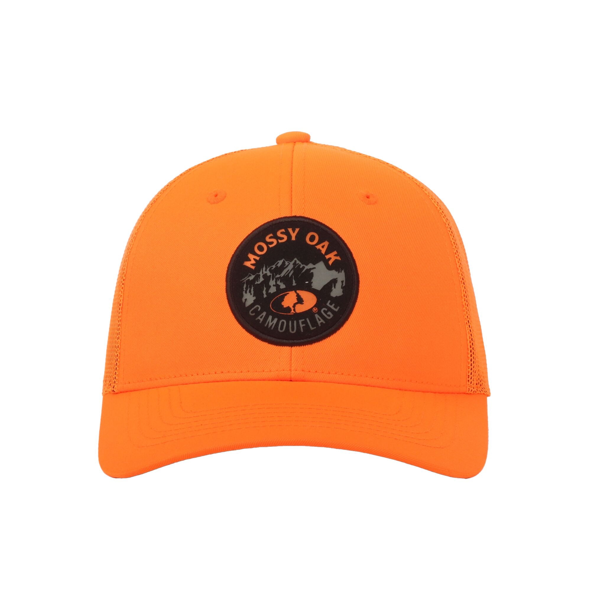 Mossy Oak Structured 6-Panel Trucker Hat – Blaze Orange High-Density Patch Logo Meshback Cap, One Size