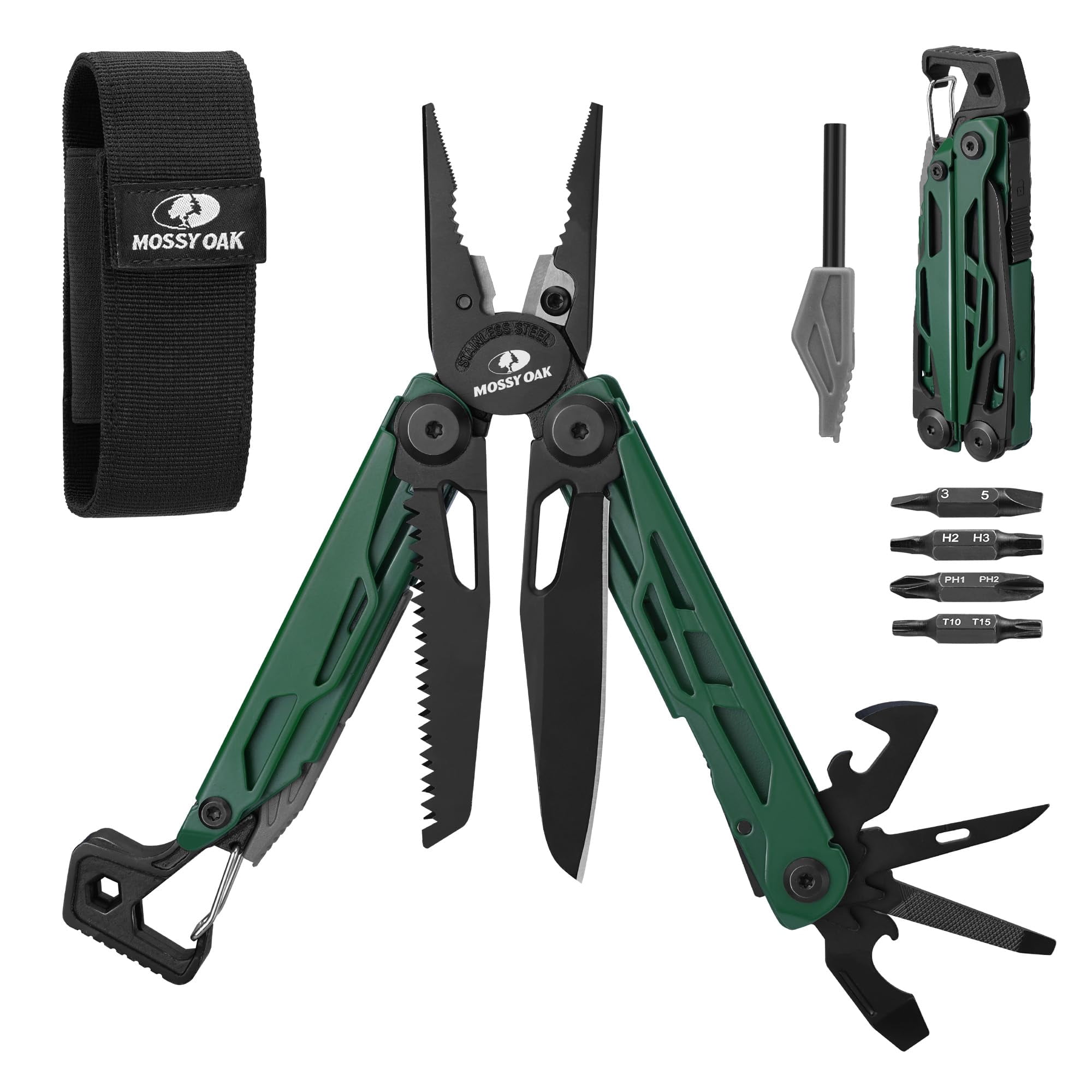 Mossy Oak Cnc-machined Multitool Pliers  27-in-1 Multi Tool With Pocket Fire Starter & Whistle Bottle Opener - Self-locking For Camping Hiking