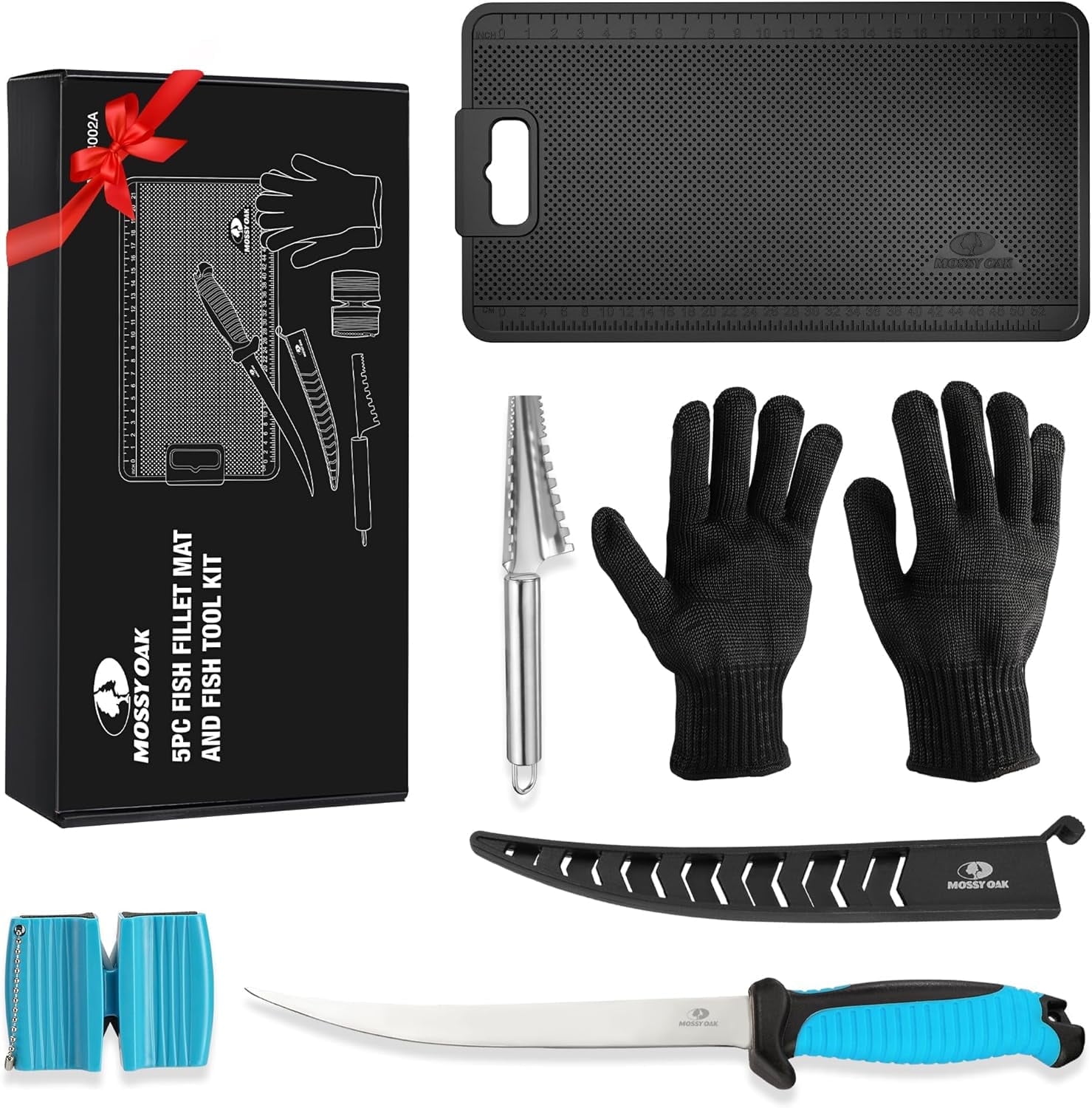 Mossy Oak Fish Fillet Knife Set,5 PCS Fish Cleaning Kit Includes 7"Fishing Knife, Non-Slip Fish Fillet Mat,Knife Sharpener,Fish Scaler Remover and Cut Resistant Gloves,Fishing Accessories Gifts