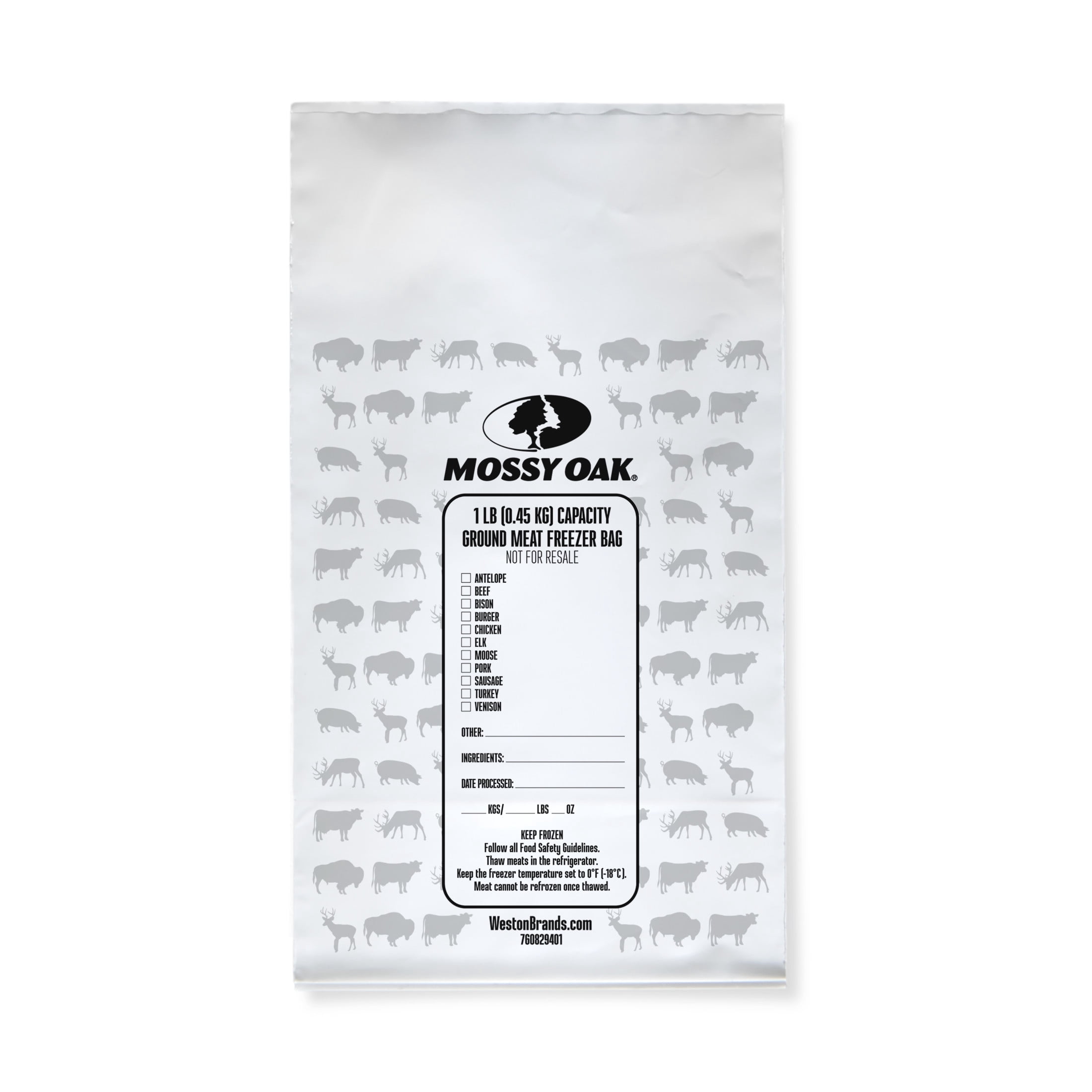 Mossy Oak Ground Meat Freezer Storage Bags, 1 lb Size, 50 Count, 55 Ties, Write On