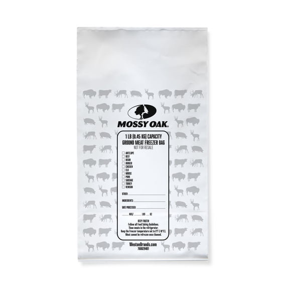 Mossy Oak Ground Meat Freezer Storage Bags, 1 lb Size, 50 Count, 55 Ties, Write On