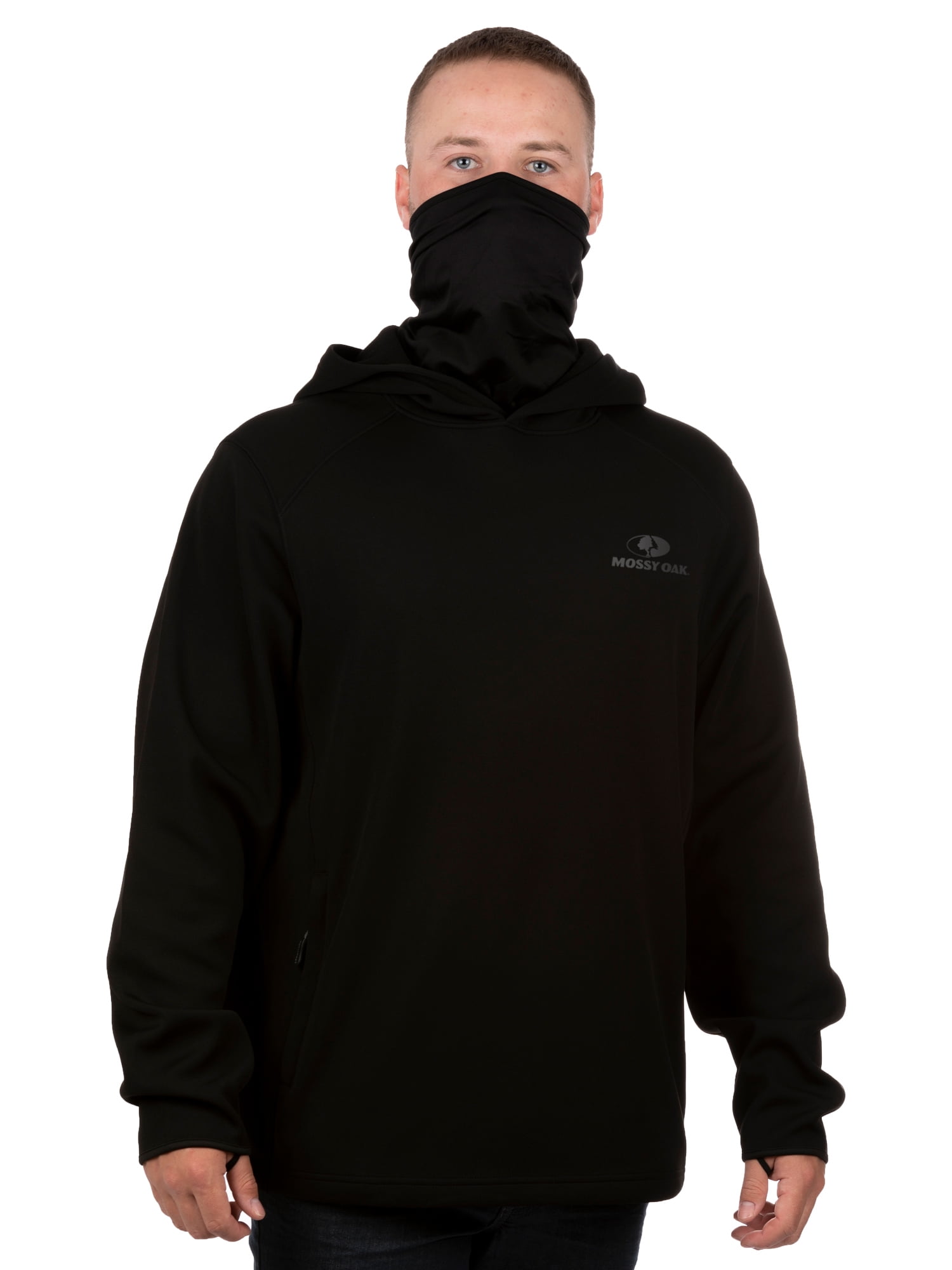 Mossy Oak Men's Arrowood Black Pullover Tech Hoodie with Neck Gaiter, Up to 2XL