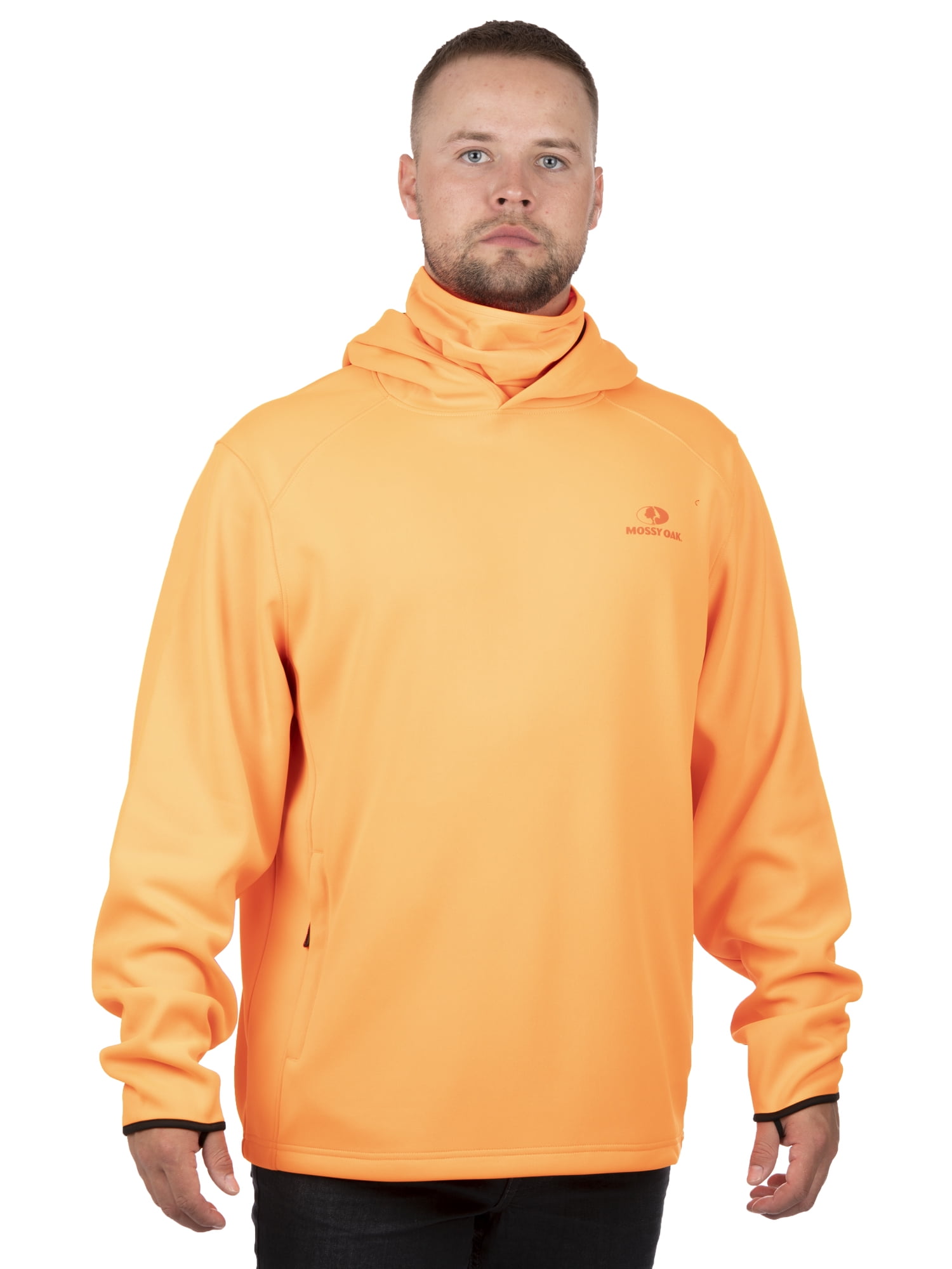 Mossy Oak Men's Blaze Orange Pullover Tech Hoodie with Neck Gaiter, Up to 2XL