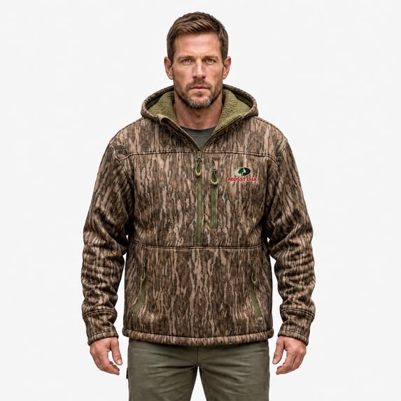Mossy Oak Men's Camouflage Hunting Sherpa Hoodie, Mossy Oak Bottomland, L