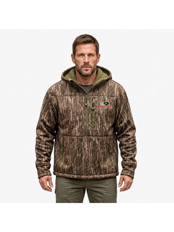 Men's Camouflage Hunting Sherpa Hoodie, Mossy Oak Bottomland, XL