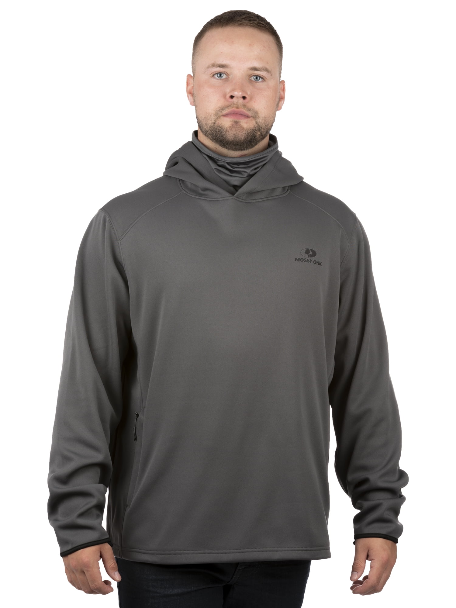 Mossy Oak Men's Charcoal Pullover Tech Hoodie with Neck Gaiter, Up to 2XL