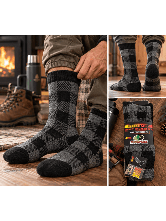 Mossy Oak Mens Heat Retention Thermal Socks, Black Gray, Sock Size 10-13, 1 Pair