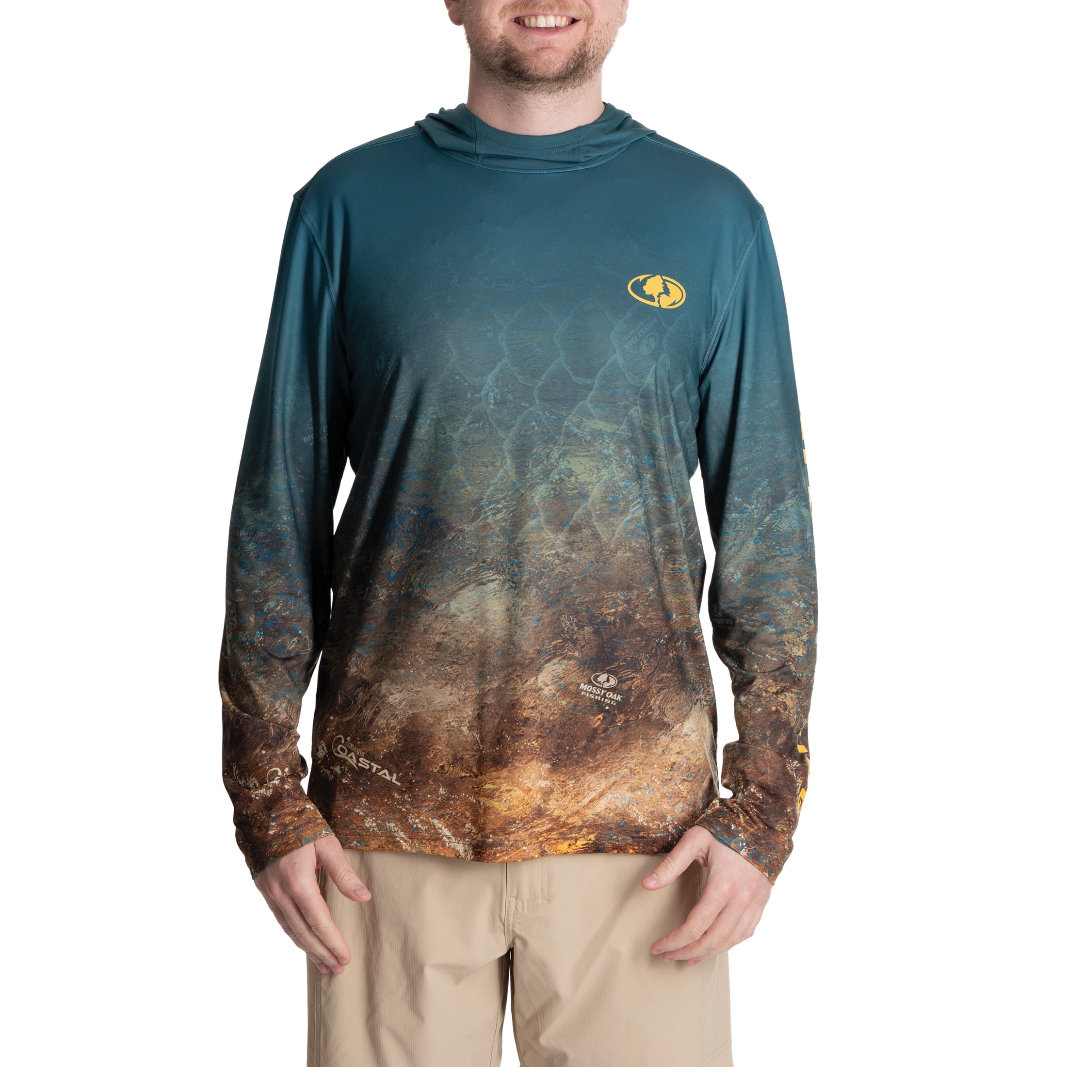 Mossy Oak Men's Long Sleeve Performance Fishing Hoodie, Teal Ocean, 2XL