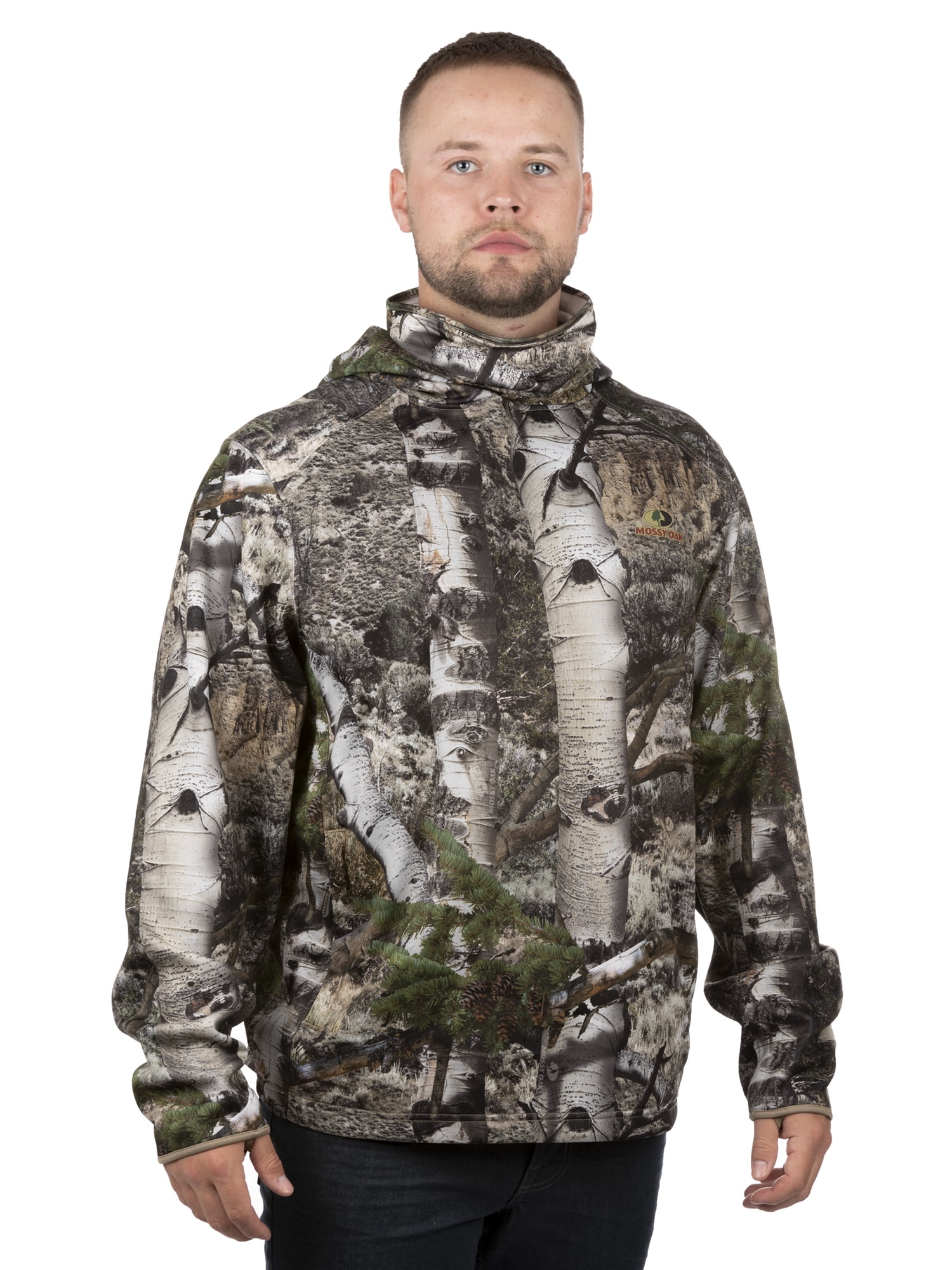 Mossy Oak Men's Mountain Country Camo Pullover Tech Hoodie with Neck Gaiter, Up to 2XL