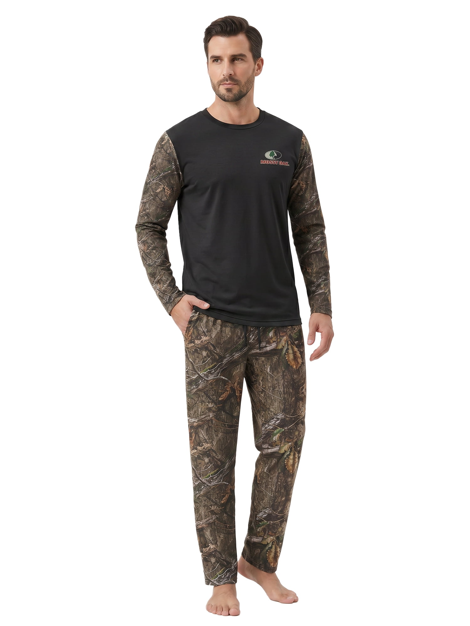 Mossy Oak Men's Pajamas 2-Piece Super Soft Long Sleeve Top and Pant Set, Camo Black, S