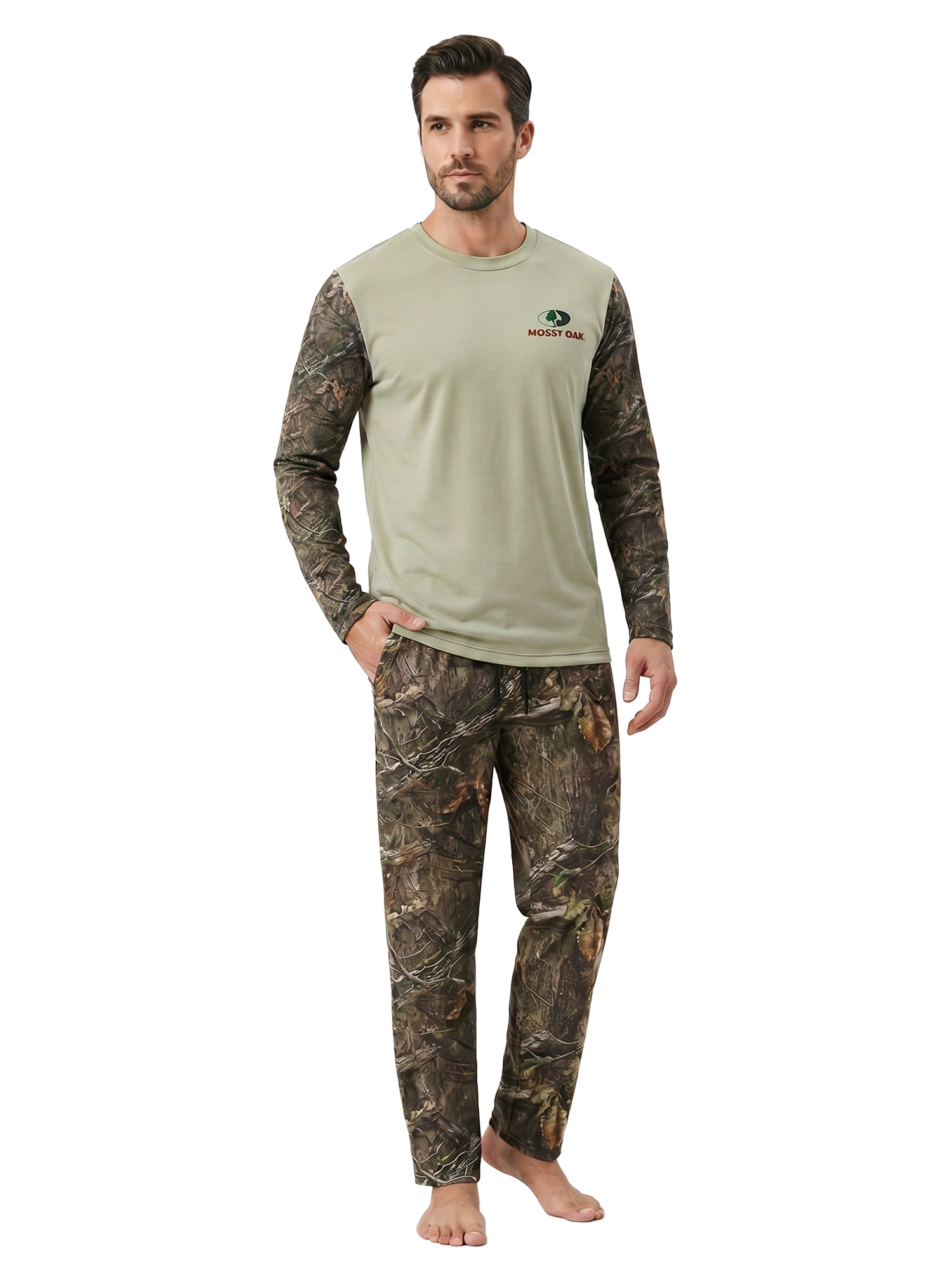 Mossy Oak Men's Pajamas 2-Piece Super Soft Long Sleeve Top and Pant Set, Camo Grey, XL
