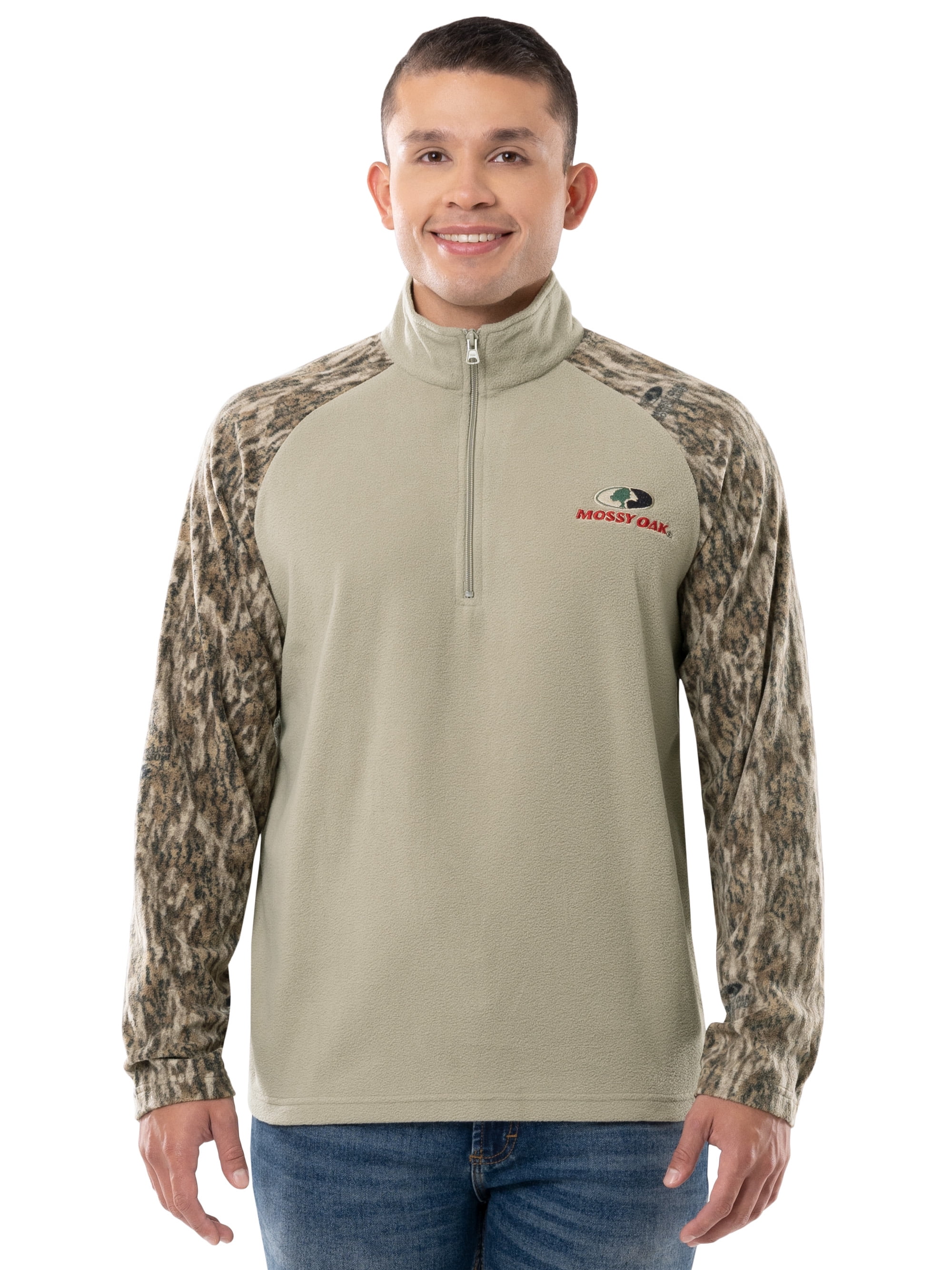 Mossy Oak Men's Raglan Long Sleeve Quarter Zip Fleece Pullover Hunting Shirt, Size Small to 2XL