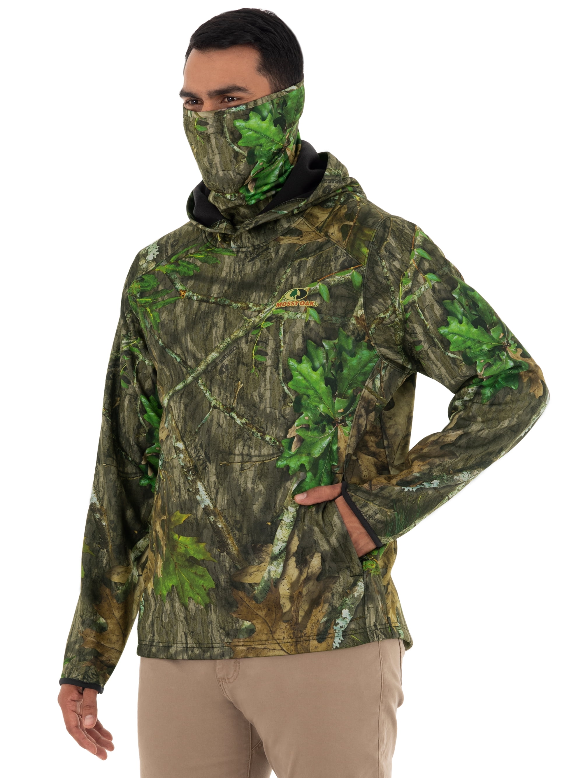 Mossy Oak Men's Turkey Hunting Camo Hoodie with Built in Neck Gaiter, Sizes M-4XL