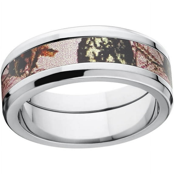 Mossy Oak Pink Break Up Women's Camo 8mm Stainless Steel Wedding Band with Polished Edges and Deluxe Comfort Fit