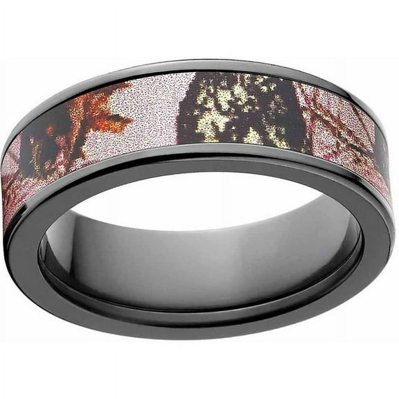 Mossy Oak Pink Break Up Women's Camo Black Zirconium Ring with Polished Edges and Deluxe Comfort Fit