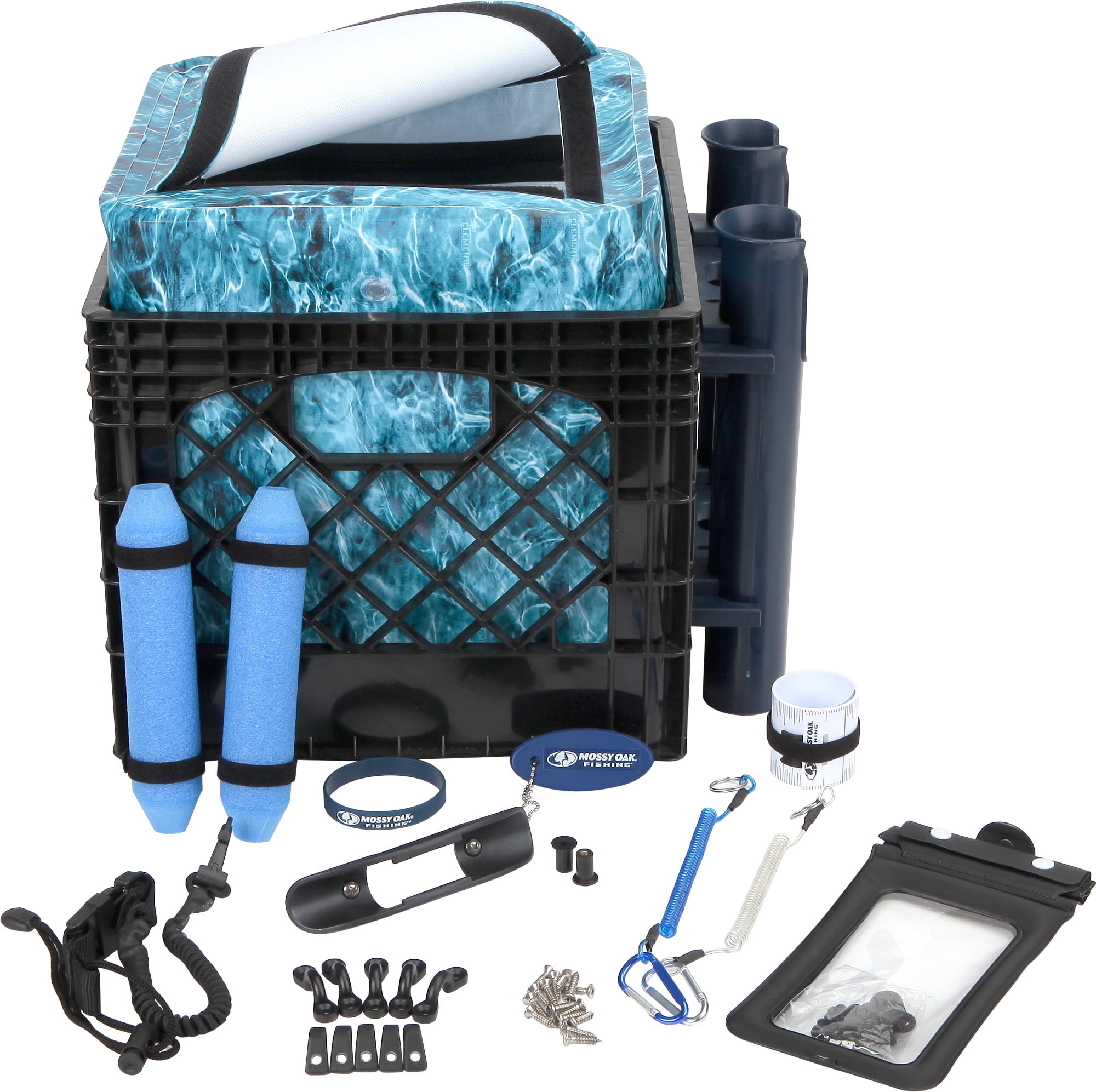 Mossy Oak Storage Crate with Dry Bag, Fishing Accessories Kit and Rod  Holder, 24 Piece, Blue 