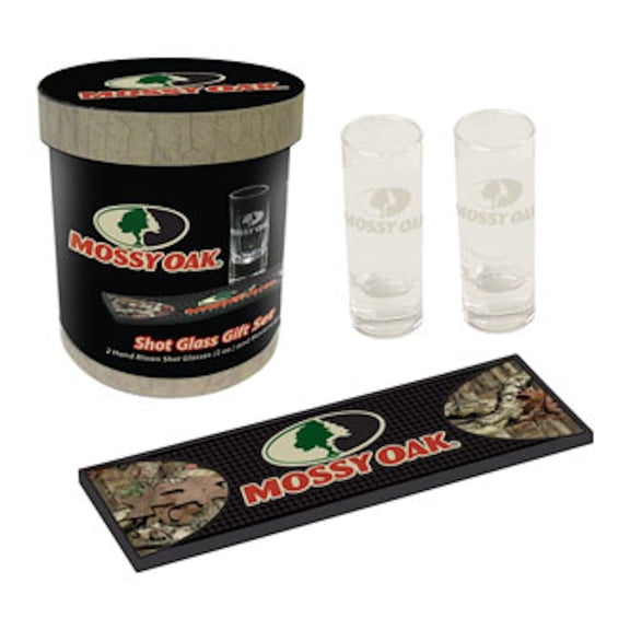 Mossy Oak Two-Shot Glass Set, and Beverage Mat, Hunting Enthusiast MO-68703