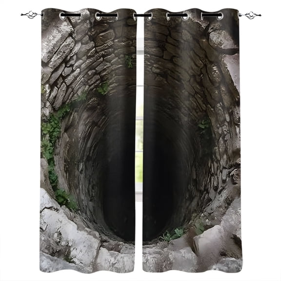 Mossy Stone Well Kitchen Curtains Historic Ruins Farmhouse Deep Pit Cafe Short Curtains for Bathroom Blackout Window Curtain Small Window Treatment Tier Drapes for Bedroom Living Room 27.5"x39"x2