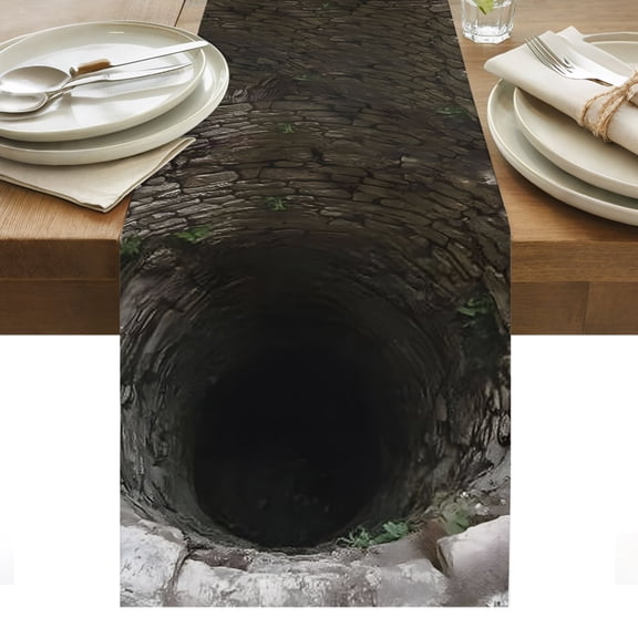 Mossy Stone Well Table Runner Historic Ruins Farmhouse Deep Pit Tablerunners 13 x 48 Inch, Table Decorations Tabletop Scarf for Summer Gathering Holiday Farmhouse Kitchen Dining Decor