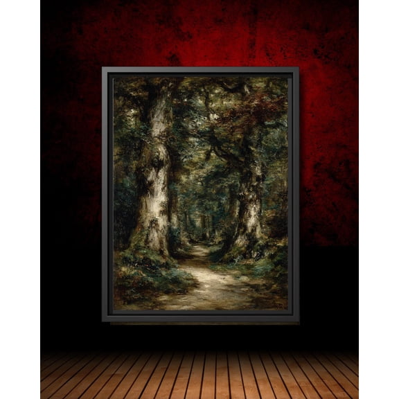 Mossy Trees On Woodland Path Art Poster, Vintage Forest Style, Dark Academia Wall Decor, Tranquil Landscape, Old Master Artwork, Unframed Poster Size 24x36