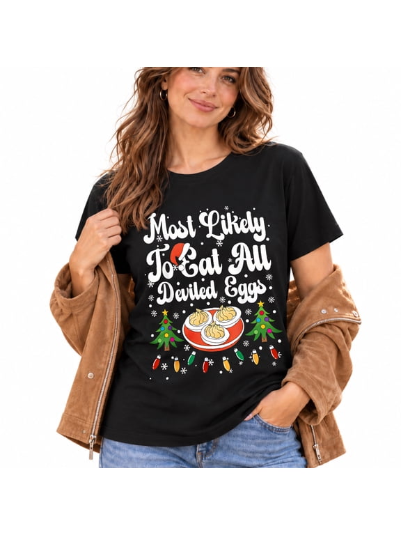 Most Likely To Eat Deviled Eggs Women's Round Neck Short Sleeve Retro Pattern T-Shirt