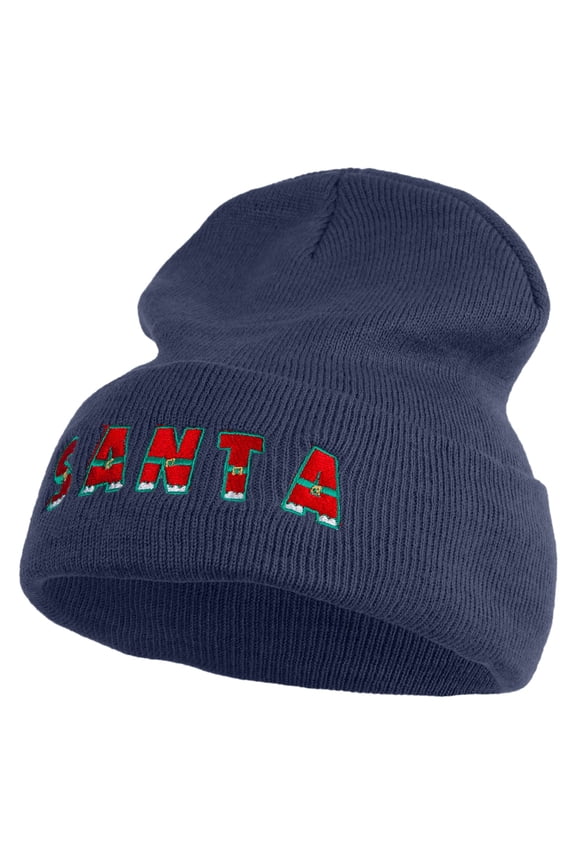 Most Likely to Wait All Night for Santa Embroidered 12 inch Acrylic Cuffed Long Beanie - Navy OSFM