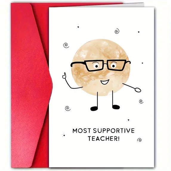 "Most Supportive Teacher" Greeting Card – Fun Planet Design with Red Envelope – Perfect for Teacher Appreciation, Birthdays, or Just Because