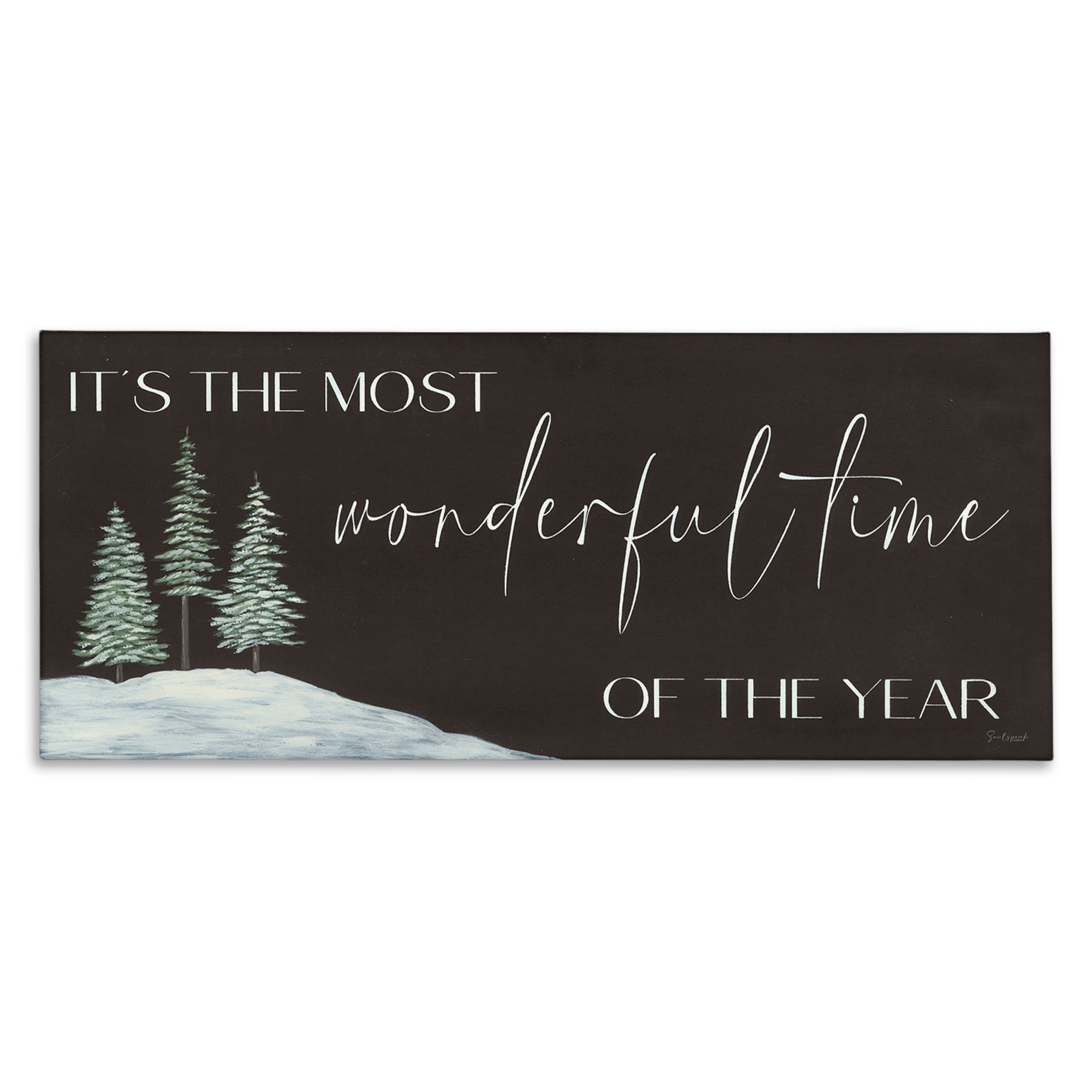Most Wonderful Time Holiday Phrase Snowfield Trees Inspirational Graphic Art Gallery-Wrapped Canvas Print Wall Art