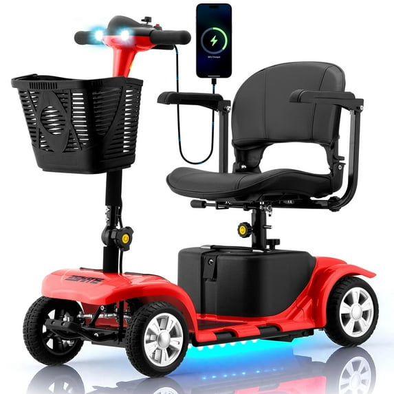 Mosta Adult, Senior Mobility Scooter, 4-wheel Electric Rechargeable Travel Device with LED Headlight and Basket, Including Charger, Red