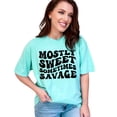 thumbnail image 1 of Mostly Sweet, Sometimes Savage, Quote for Wife, Girlfriend or Best Friend, Groovy Retro Wavy Text, Chalky Mint Comfort Colors T-Shirt, Small, 1 of 1