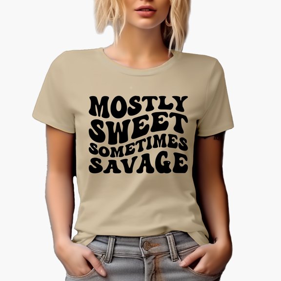 Mostly Sweet, Sometimes Savage, Quote for Wife, Girlfriend or Best Friend, Groovy Retro Wavy Text Merch Gift, Tan T-Shirt, Medium