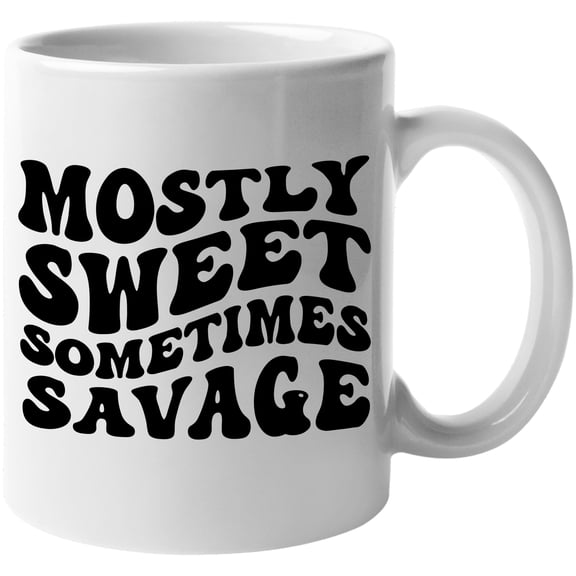 Mostly Sweet, Sometimes Savage, Quote for Wife, Girlfriend or Best Friend, Groovy Retro Wavy Text Merch Gift, White 11oz Ceramic Mug
