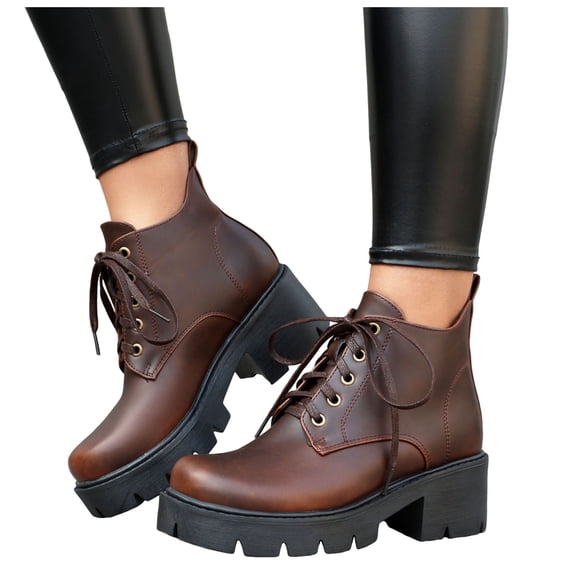 JHOKCI Ankle Boots for Women Heel Round Toe Lace up Oxfords Vintage Short Booties