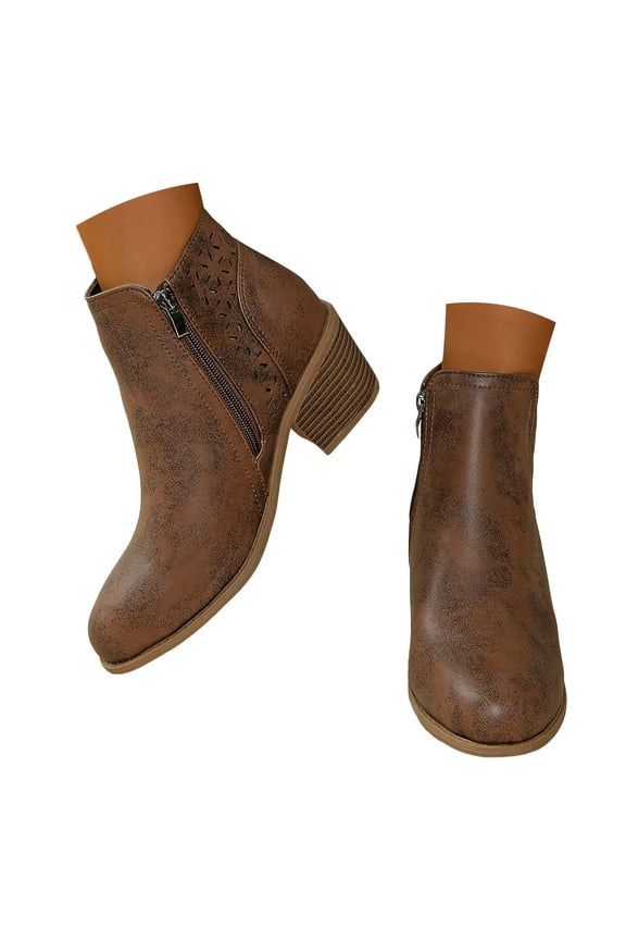 Ankle Boots for Women Stacked Heel Zipper Booties Retro Pointed Toe Chelasa Boot